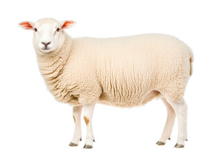 Fototapeta premium Fluffy sheep with thick wool standing against a white background, cut out