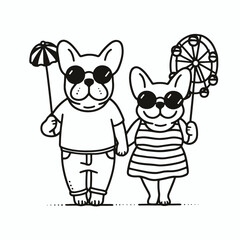 French Bulldog Couple going to a carnival; create a simple monochrome vector illustration of the happy pair enjoying the fair.