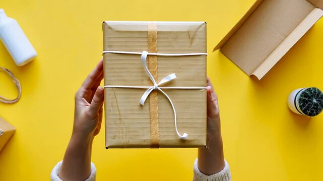Paket wird auf gelbem Hintergrund ausgepackt
