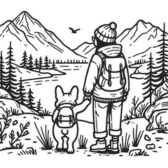 French Bulldog Couple exploring nature trails minimalist vector drawing shows their happy hike