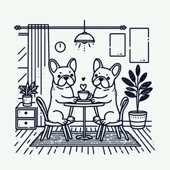 French Bulldog Couple decorating a room together minimalist vector graphic shows their playful home renovation
