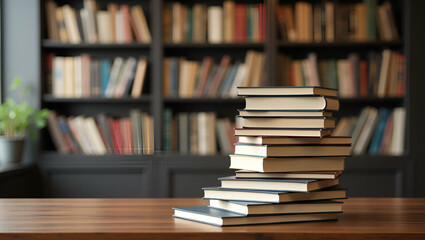 Fototapeta premium Piles of Books on Table with Blurred Library Background: Perfect Academic Study Environment and Organized Book Arrangement for Stock Photo Use