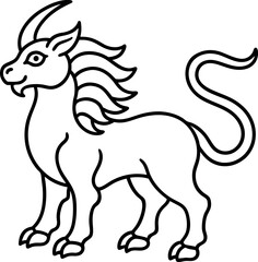 Black and white line art of a mythical creature with a goat-like head, lion's mane, and tail, ideal for fantasy art or coloring books