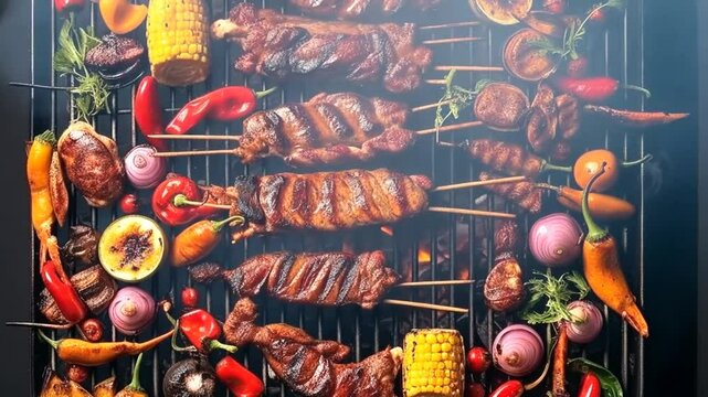 Verschiedene Fleischsorten grillen auf einem hei&szlig;en Rost