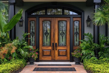 Elegant wooden double doors with ornate glass inserts surrounded by greenery, stylish entrance in upscale architectural design, copy space