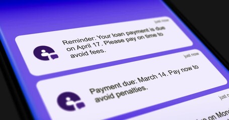 Loan due date reminder notification, list of incoming mortgage payment delay messages on smartphone screen, footage 
