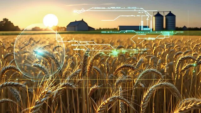 Wheat Field with Futuristic Digital Technology Overlay and Silos at Sunset

