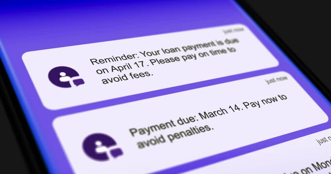 Loan due date reminder notification, list of incoming mortgage payment delay messages on smartphone screen, footage 