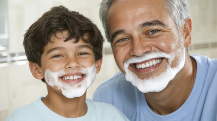 Father and son with shaving foam on face. 