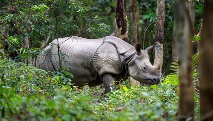 Naklejka premium A rare Javan rhinoceros moves through the thick, dense forest of Southeast Asia’s tropical taiga, its massive body blending with the lush foliage as it navigates the wilderness