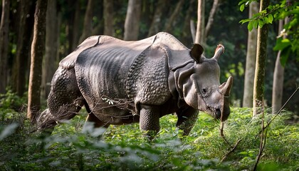 Fototapeta premium A rare Javan rhinoceros moves through the thick, dense forest of Southeast Asia’s tropical taiga, its massive body blending with the lush foliage as it navigates the wilderness
