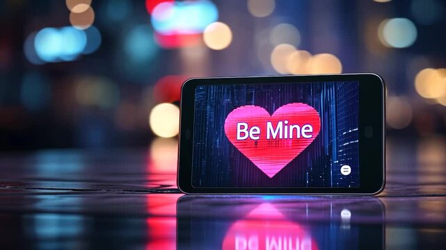 A smartphone displaying a glowing heart with 'Be Mine' text on a reflective surface at night
