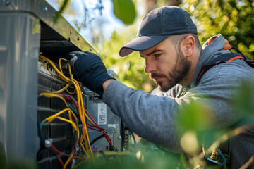 Focused technician repairing air conditioning unit outdoors ac man cap heat grey work wires summer