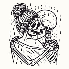 Obraz premium Female Skeleton messy bun holding each other in the rain; a minimalist vector drawing shows their bone-chilling embrace.