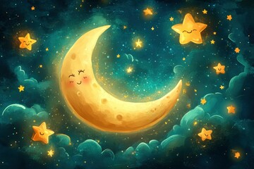 Naklejka premium A whimsical night sky featuring a smiling crescent moon surrounded by cheerful stars and soft clouds