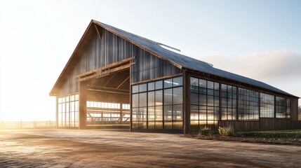 Obraz premium A large barn with glass windows and wood exterior