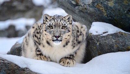 Obraz premium A rare snow leopard with thick white fur and dark rosettes crouches in the rocky terrain of the Himalayas, blending into the environment with keen eyes watching for its prey