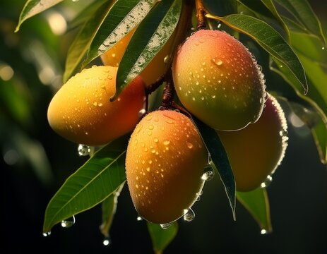 Mangues couvertes de ros&eacute;e sur arbre
