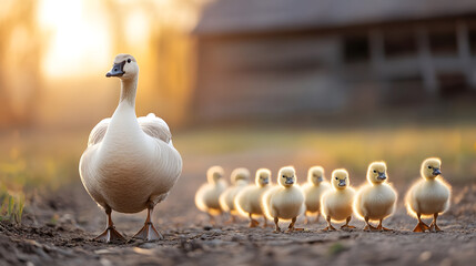 Fototapeta premium Mother goose guiding her adorable goslings on a warm countryside morning. A touching representation of family, protection, and nature. Selective focus