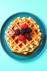 Golden waffle topped with fresh berries and syrup on vibrant blu