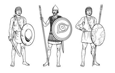 Ancient Nubian warriors. Punic Wars between Carthage and Rome. Historical drawing.