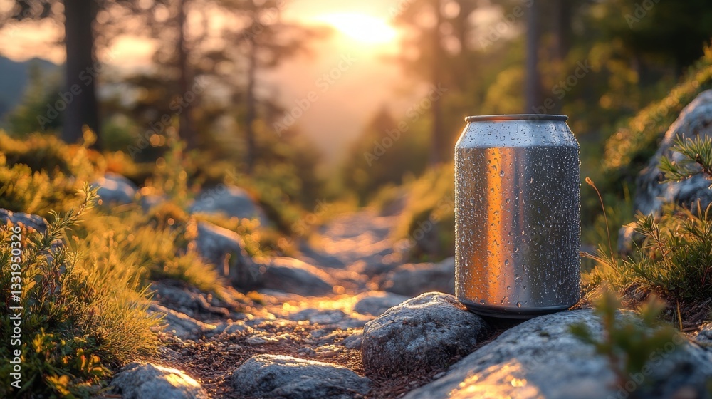 Aufkleber as the sun sets behind the trees, a serene hiking trail is illuminated with warm light. a metallic c