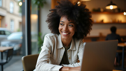 Flat Young African American hipster woman with Afro hair looks at webcam while talking to friend online sits at cafe table making video call virtual chat recording blog posing for headshot portrait co