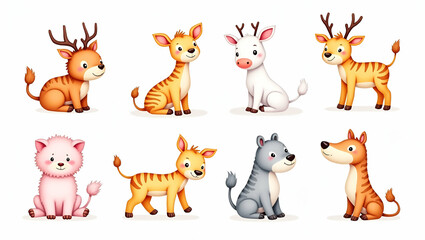 Fototapeta premium Colorful Flat Set of Cartoon Animals: Playful Watercolor Illustrations for Creative Projects