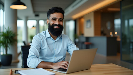 Obraz premium Smiling Bearded Indian Businessman in Modern Office Lobby with Young Student Engaged in Remote Learning: A Dynamic Photo Stock Concept for Online Training and Webinars