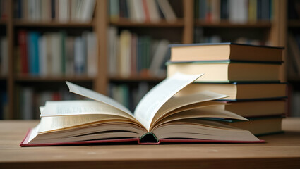 Fototapeta premium Open Book and Stack of Hardback Books on Wooden Table: A Visual Representation of Education with Ample Copy Space for Text and Ideas