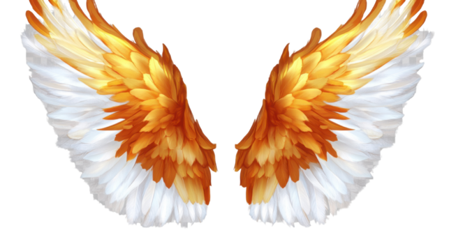 beautiful white and amber angel wings isolated on white background