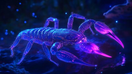 Glowing scorpion under the ultraviolet night sky its exoskeleton shimmering
