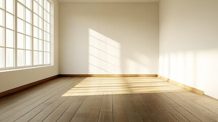 Bright sunlight illuminates empty room with hardwood floor and large window home rays space clean