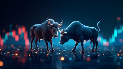 Bullish and Bearish Symbols on Stock Market Charts: Vector Illustration with Forex and Commodity Background