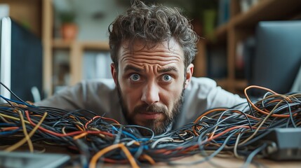 Stressful moments for an office worker dealing with tangled computer cables in a crowded workspace