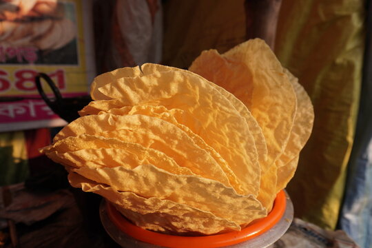Appalam, a thin, crispy, disc-shaped food from the Indian subcontinent which is also known as Papad or Papadum in close up