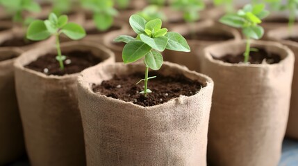 Young Green Seedlings Growing in Fabric Pots