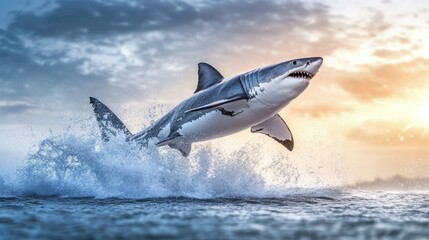 Fototapeta premium A great white shark breaching the oceans surface with a dramatic splash