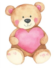 Cute teddy bear holding pink heart, watercolor illustration