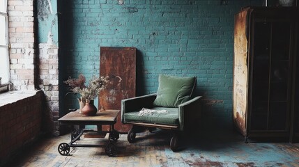 Green armchair, rustic side table, teal brick wall, industrial interior.