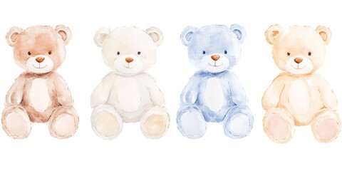 Watercolor illustration featuring four adorable teddy bears in various colors, ideal for baby themed projects