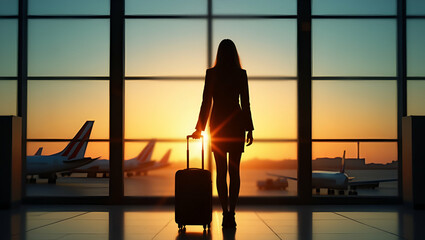 Silhouette of traveler with suitcase at airport during sunset reflecting mood of adventure and exploration concept as Silhouette of traveler with suitcase at airport during sunset reflecting adventure
