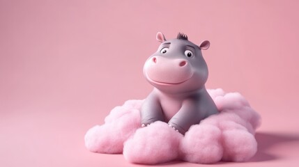 Obraz premium Cute cartoon hippopotamus on pink cloud, pastel background, children's illustration