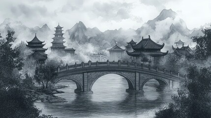Serene landscape featuring a traditional bridge over a river, surrounded by ancient pagodas and mountains