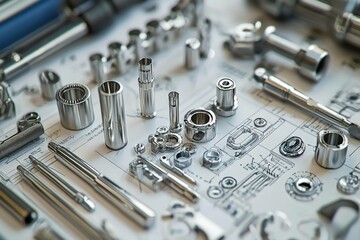 Close up of metal tools and mechanical parts arranged over blueprints, showcasing precision engineering and craftsmanship