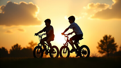 Obraz premium Two Little Boys Riding Bicycles in Silhouette: Capturing Childhood Play and Active Outdoor Engagement in a Playful Setting - Photo Stock Concept with Empty Space for Customization