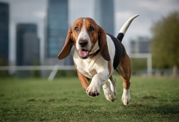 basset houdn dog runnign in a park urban of a city