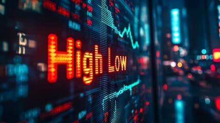 Digital Stock Market Display at Night, A close-up view of a digital stock market display showing High and Low prices