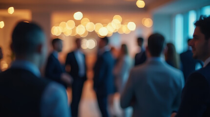 Scene of an evening event with blurry silhouettes of guests in suits and dresses against the backdrop of large windows and warm light