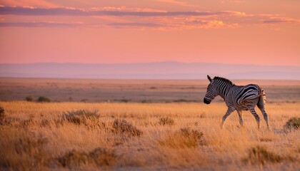 Naklejka premium A solitary zebra gracefully walks across the vast, golden steppe in the early morning light, its distinctive stripes gleaming, a serene sight in an unusual habitat